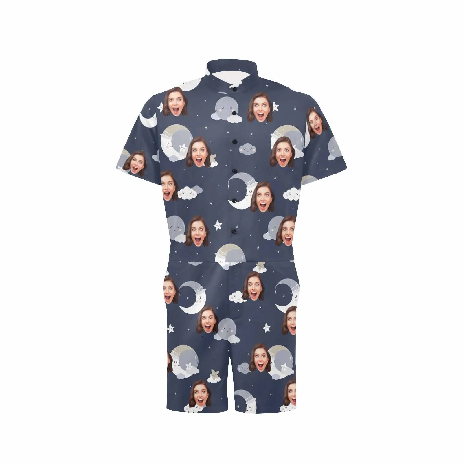 Couple Matching Short Sleeve Onesies Pajamas Custom Face Cloud Women's V-Neck Button Jumpsuit Men's Rompers