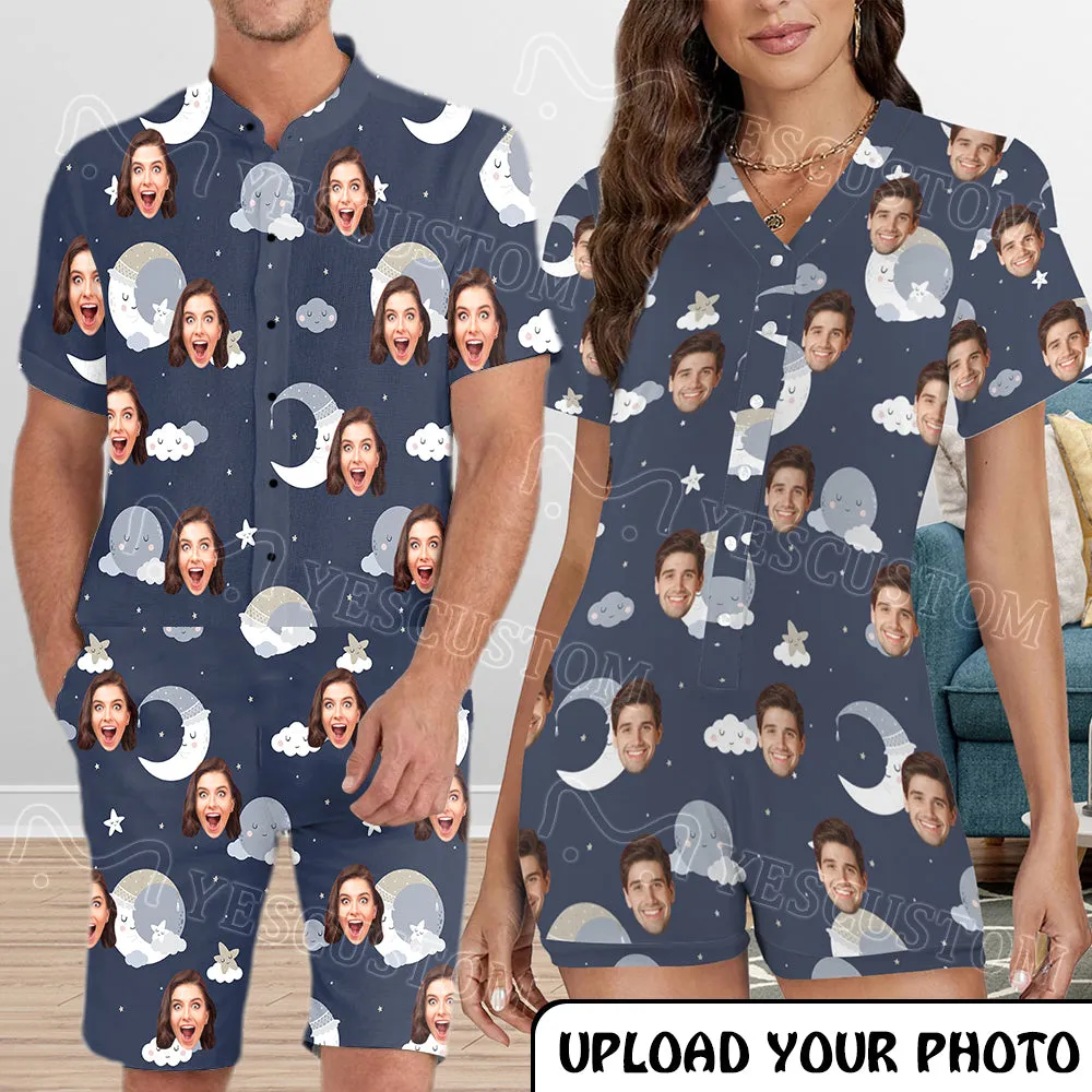 Couple Matching Short Sleeve Onesies Pajamas Custom Face Cloud Women's V-Neck Button Jumpsuit Men's Rompers