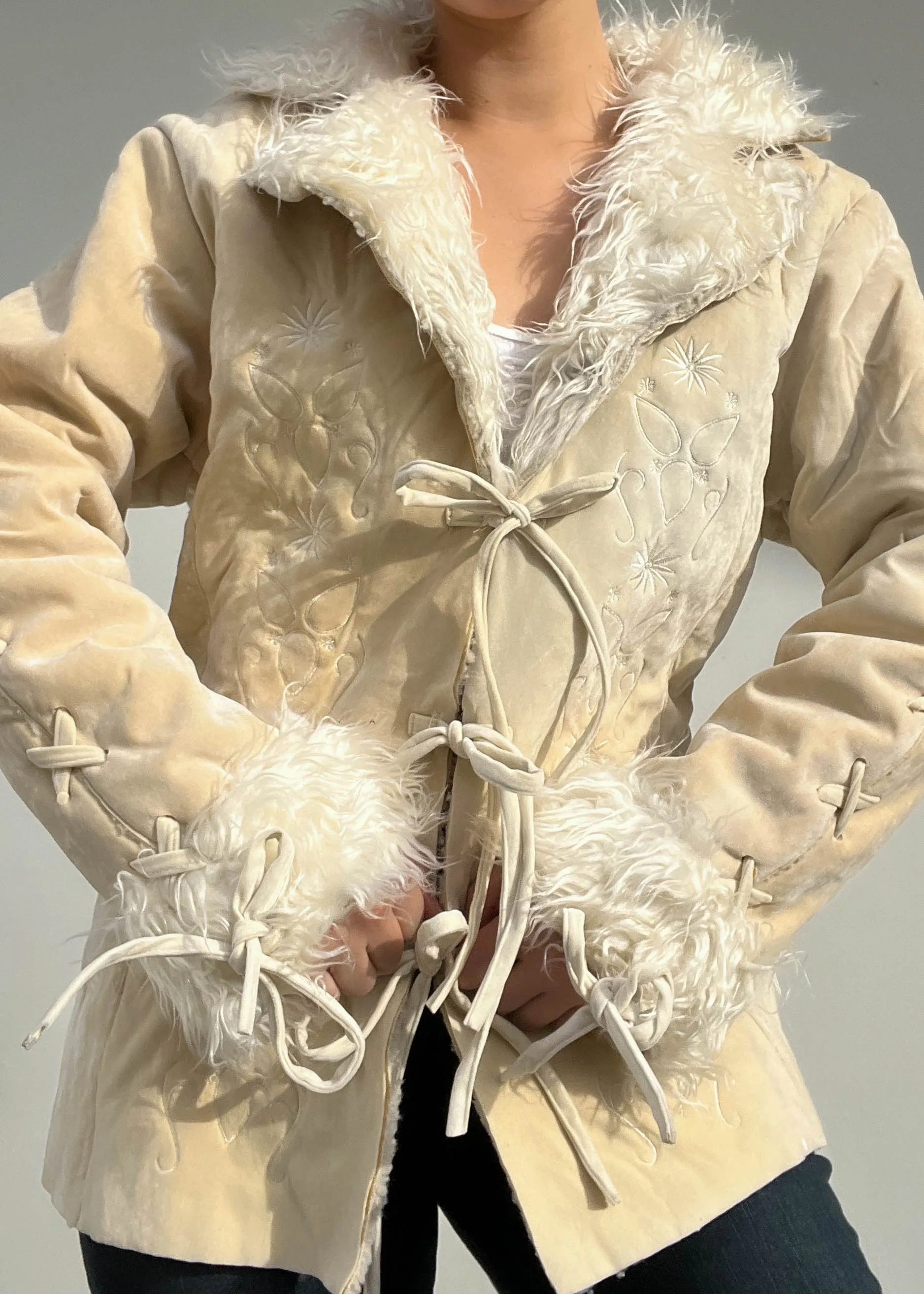 Cream Y2k Fur Trim Jacket (M)