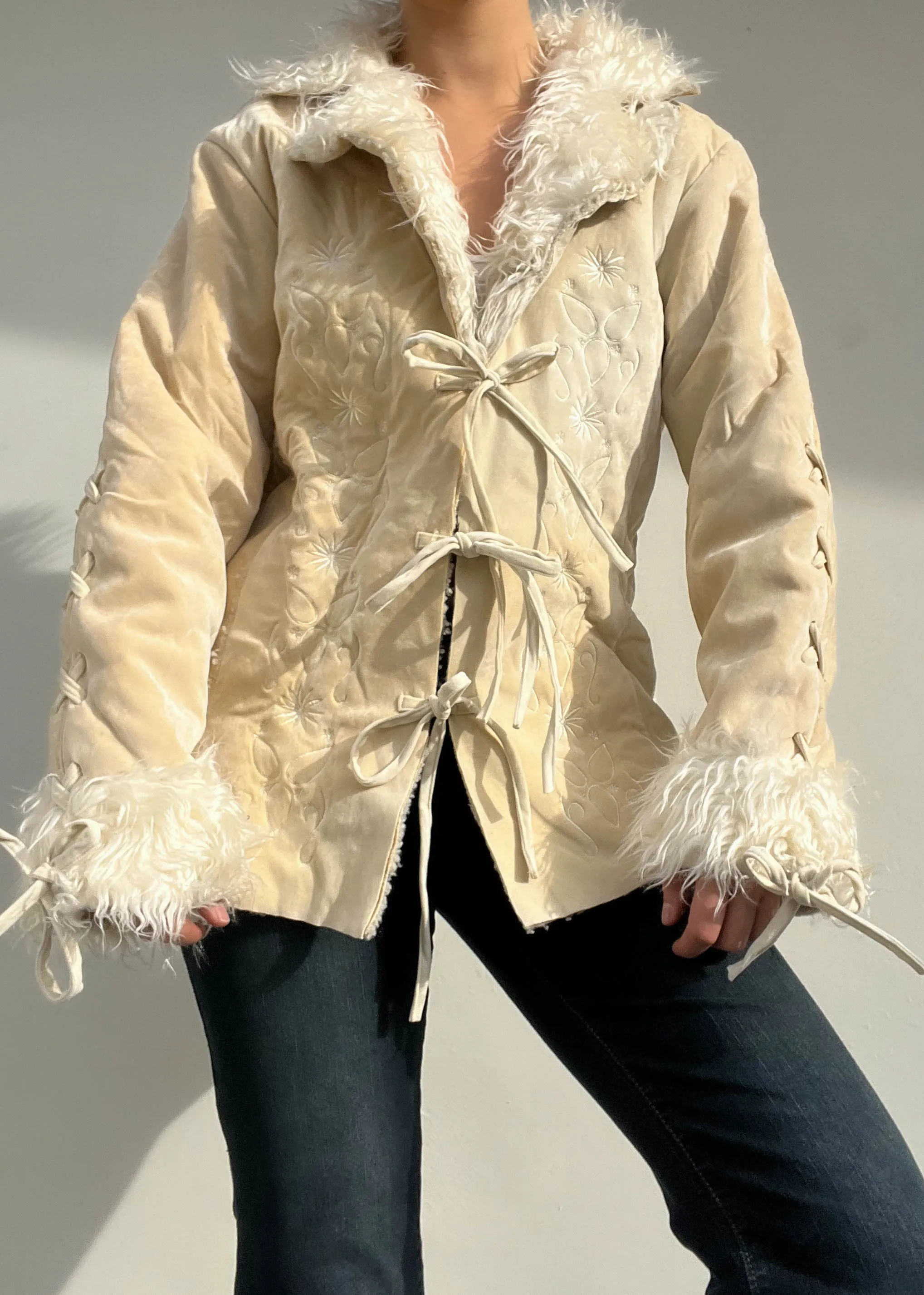 Cream Y2k Fur Trim Jacket (M)