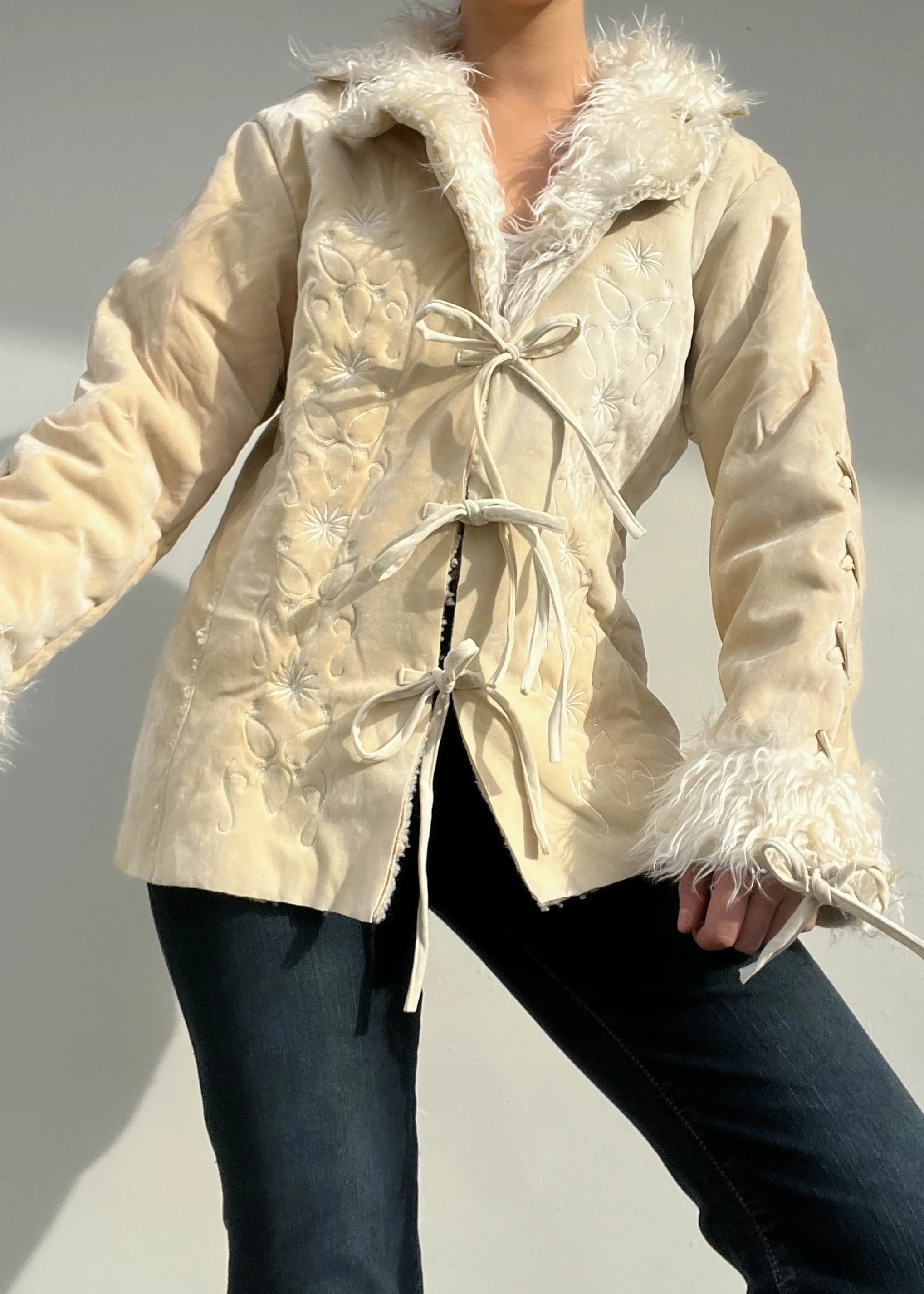 Cream Y2k Fur Trim Jacket (M)