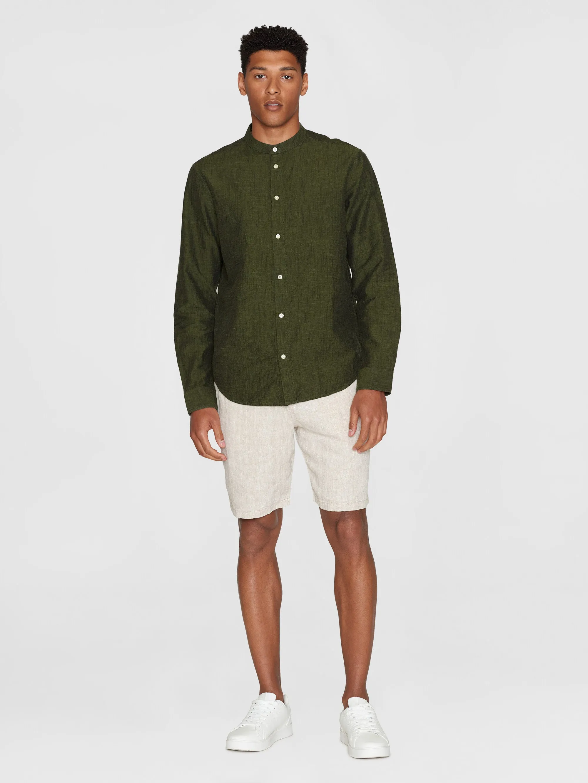 Custom fit linen stand collar shirt - Burned Olive