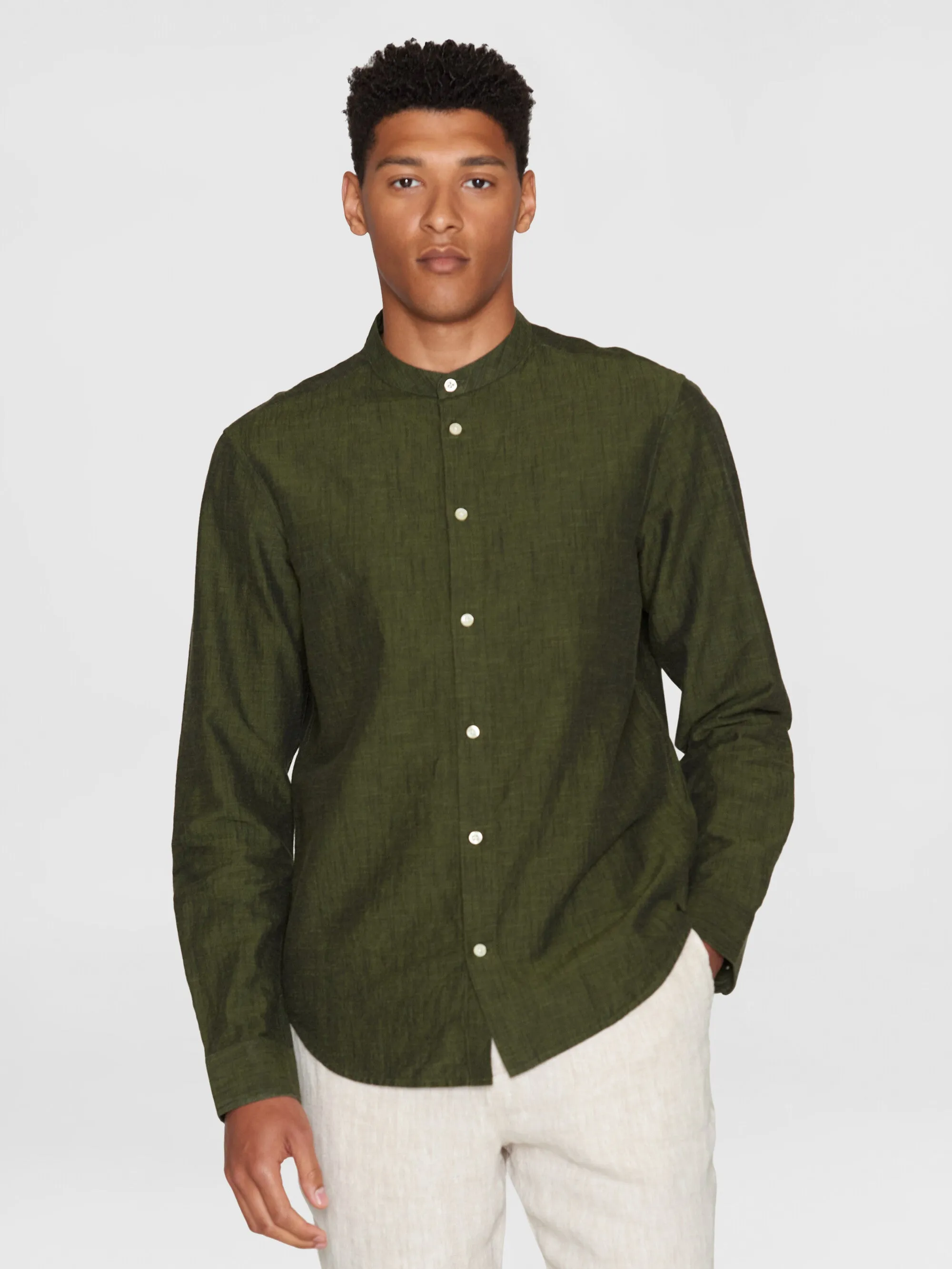 Custom fit linen stand collar shirt - Burned Olive