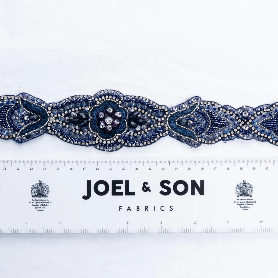 Dark Blue Diamanté & Beaded Floral Trim