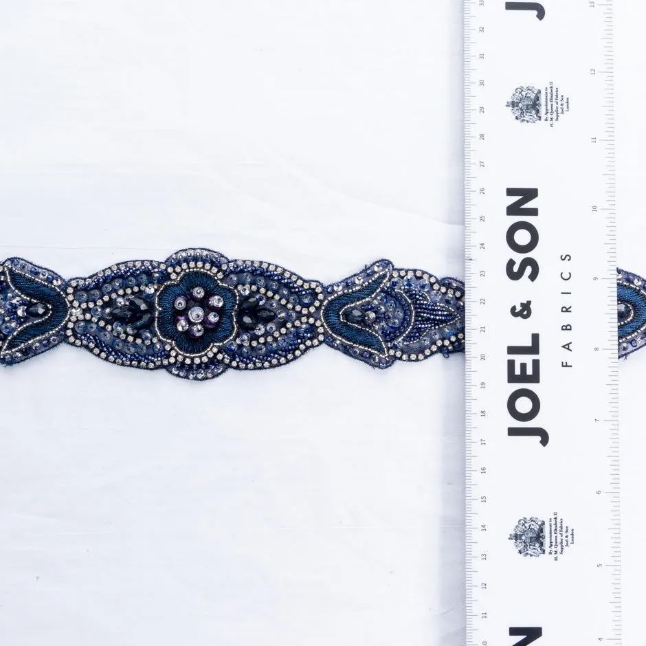 Dark Blue Diamanté & Beaded Floral Trim