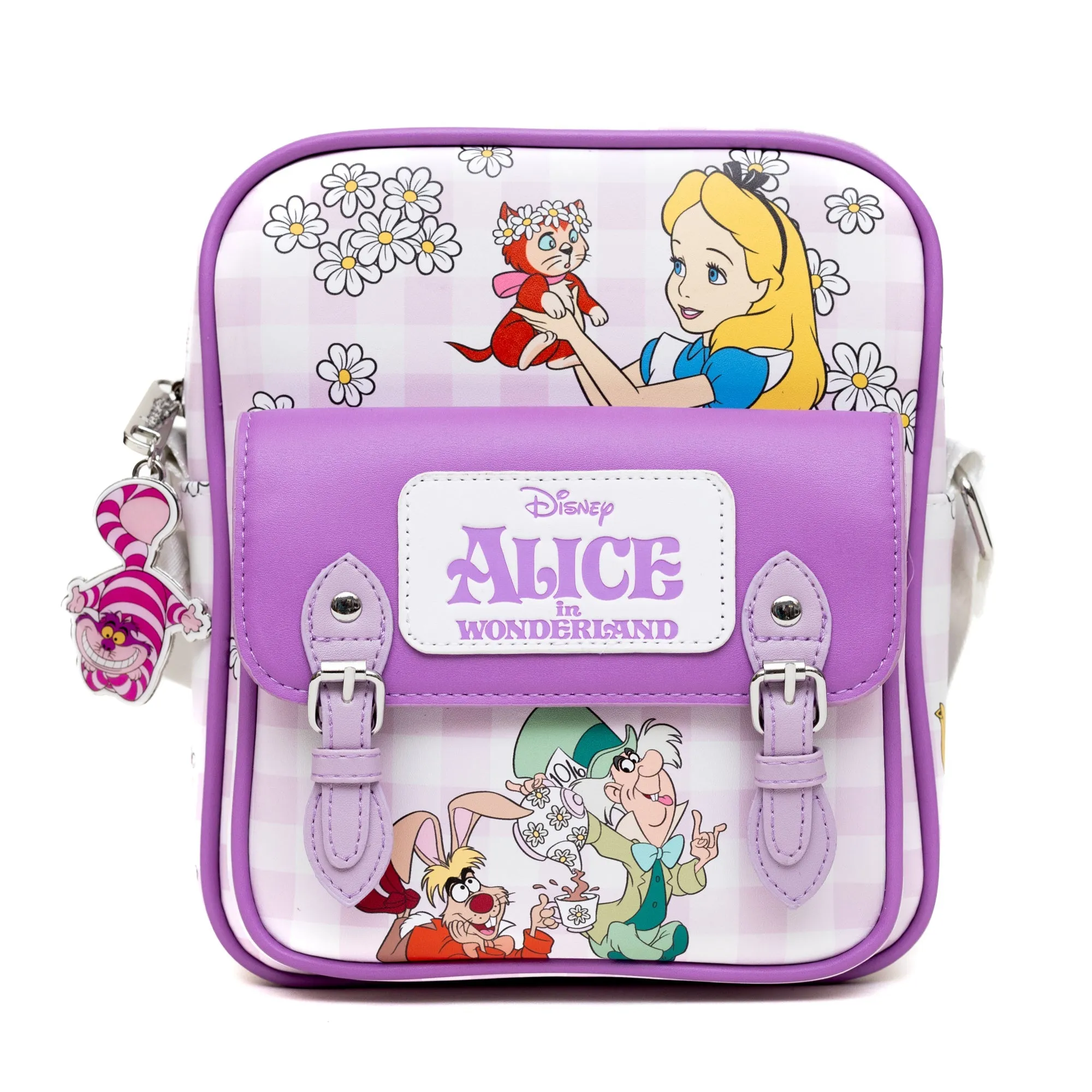 Disney Vegan Leather Cross Body Backpack with Adjustable Strap, Alice in Wonderland Tea Party and Garden Flowers Poses Gingham Lavender