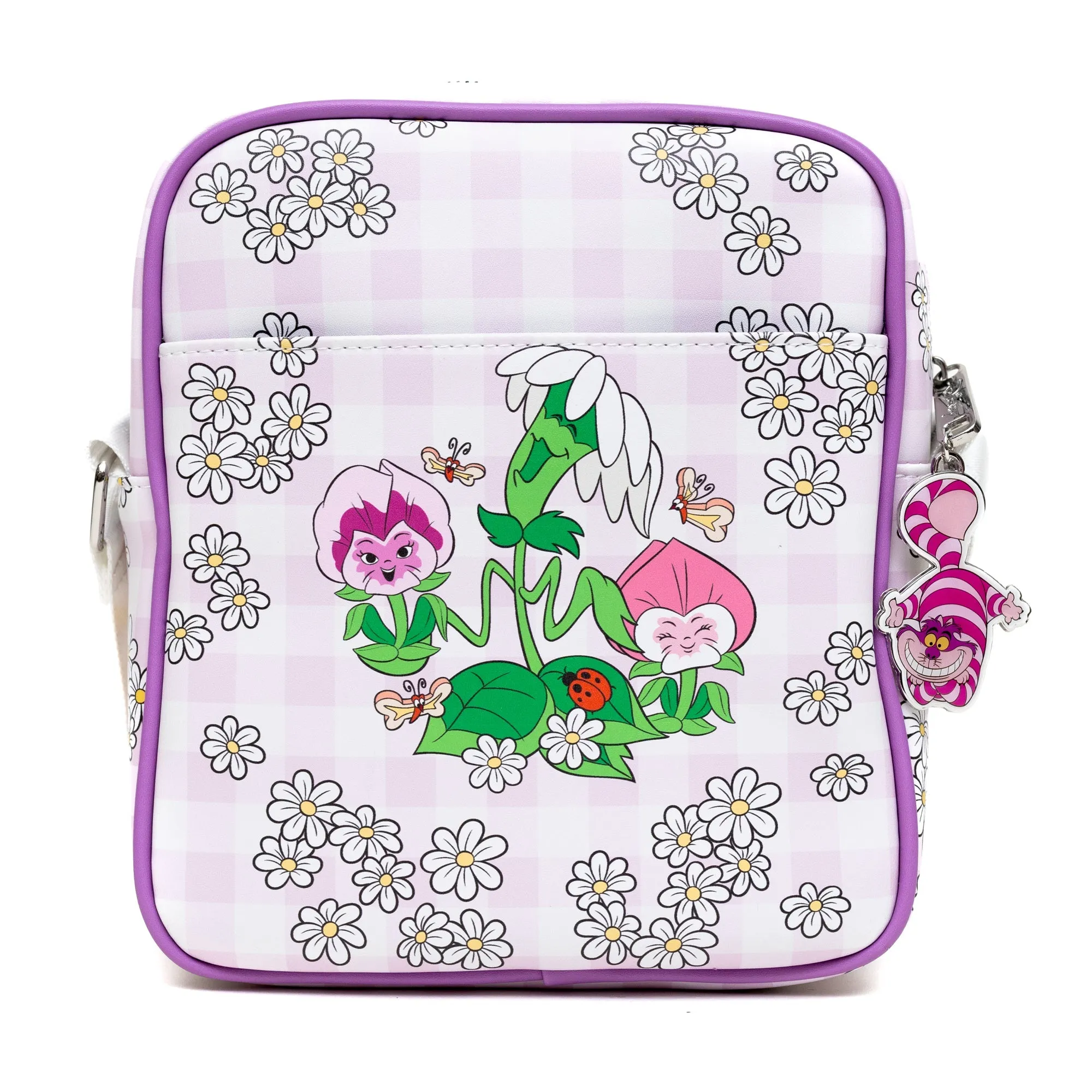 Disney Vegan Leather Cross Body Backpack with Adjustable Strap, Alice in Wonderland Tea Party and Garden Flowers Poses Gingham Lavender