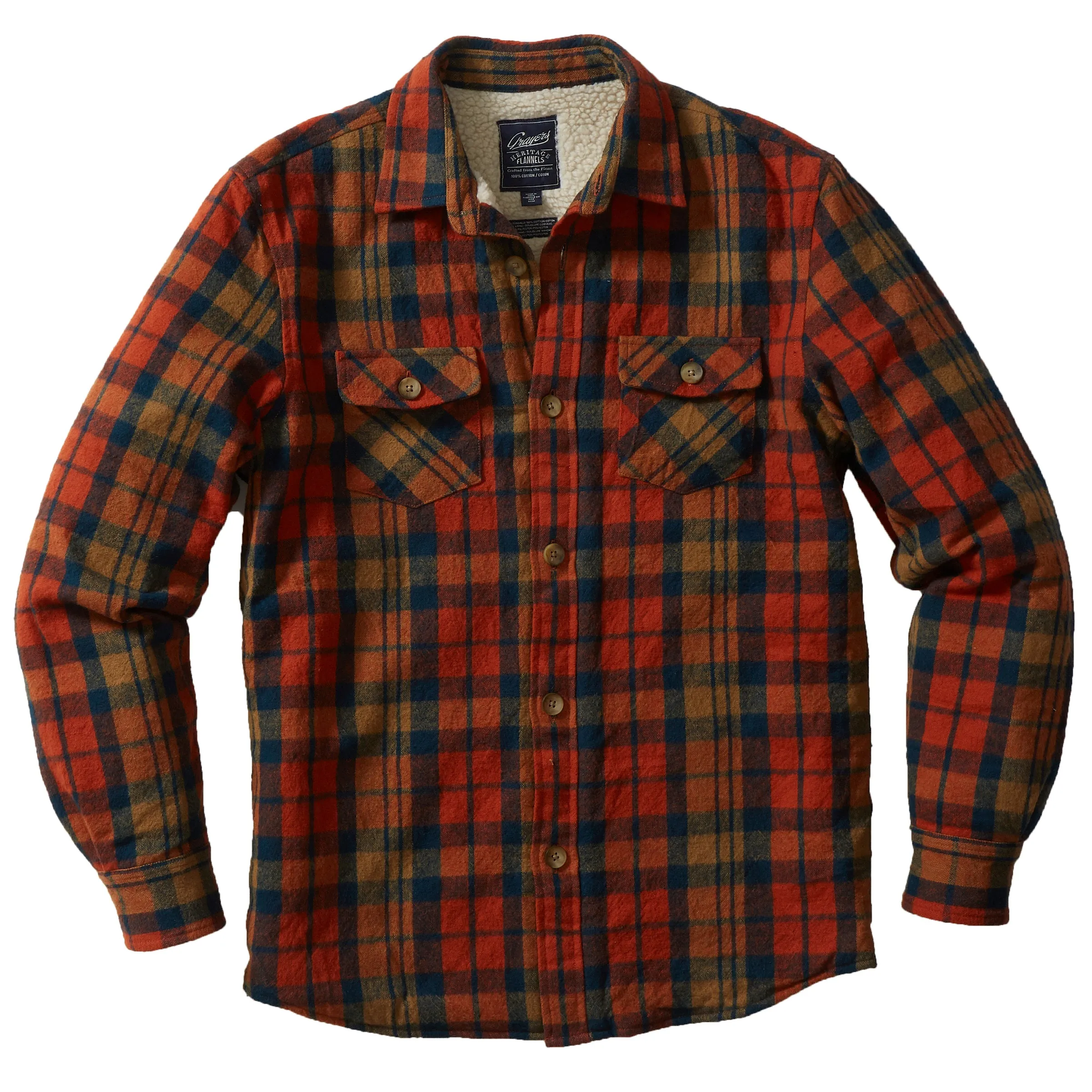 Edmund Sherpa Lined Shirt Jacket - Orange Rust Plaid