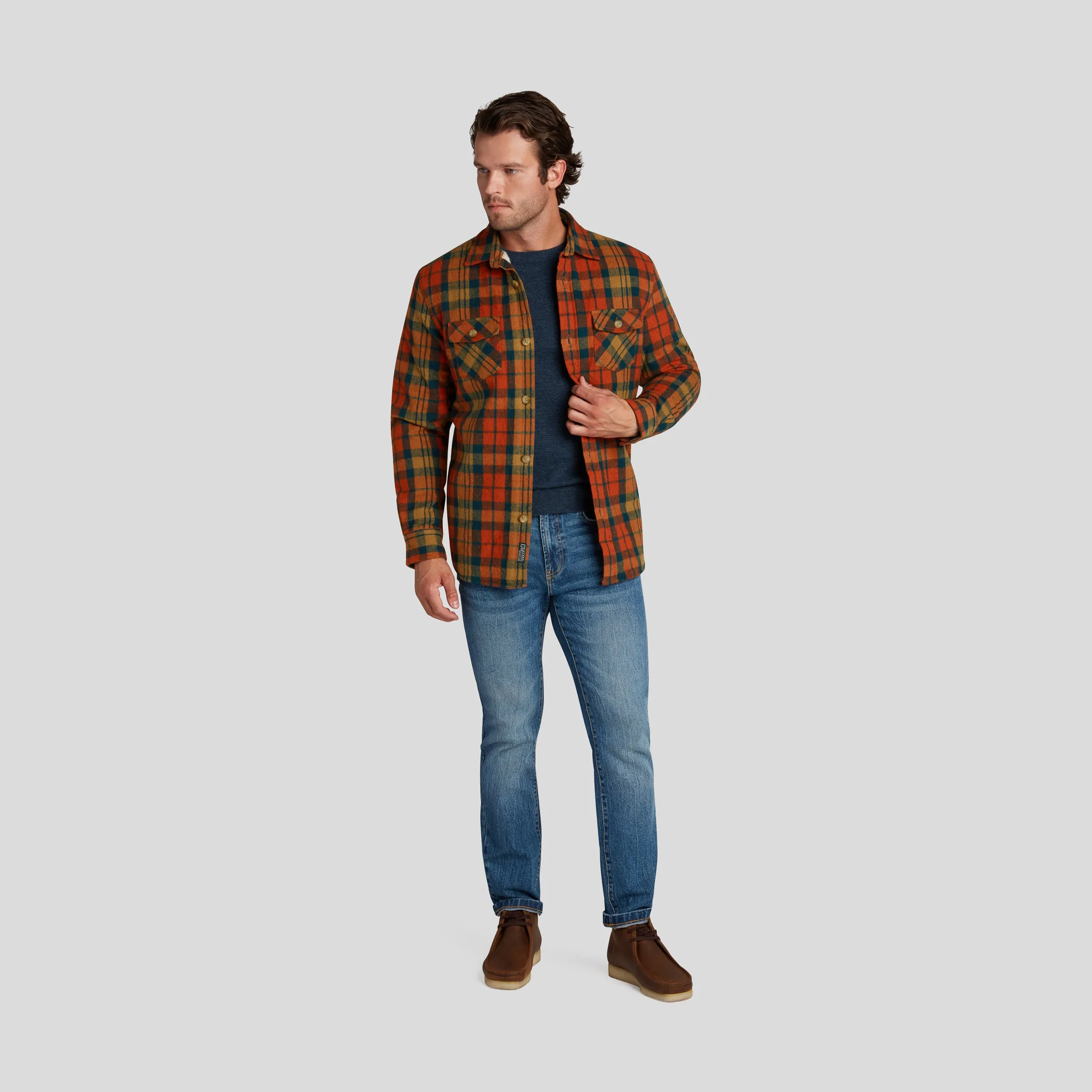 Edmund Sherpa Lined Shirt Jacket - Orange Rust Plaid