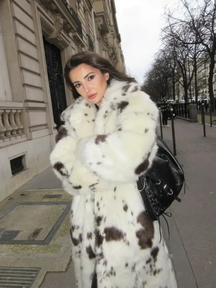 Fashionkova Chic Spotted Print Fluffy Faux Fur Loose Jacket Women Casual Long Sleeve Thick Warm Coat 2024 Autumn Winter New Lady Street Wear