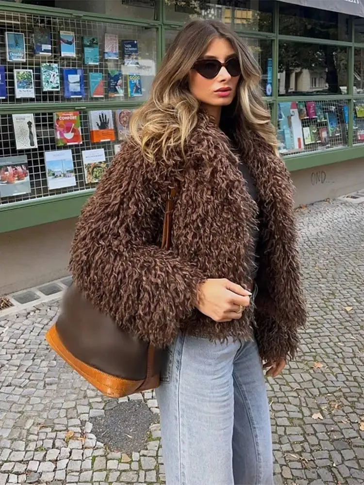 Fashionkova Fashion Brown Women Short Faux Fur Jacket Elegant Lapel Long Sleeve Fluffy Cardigan Coats Winter Lady Solid Warm Street Outwear