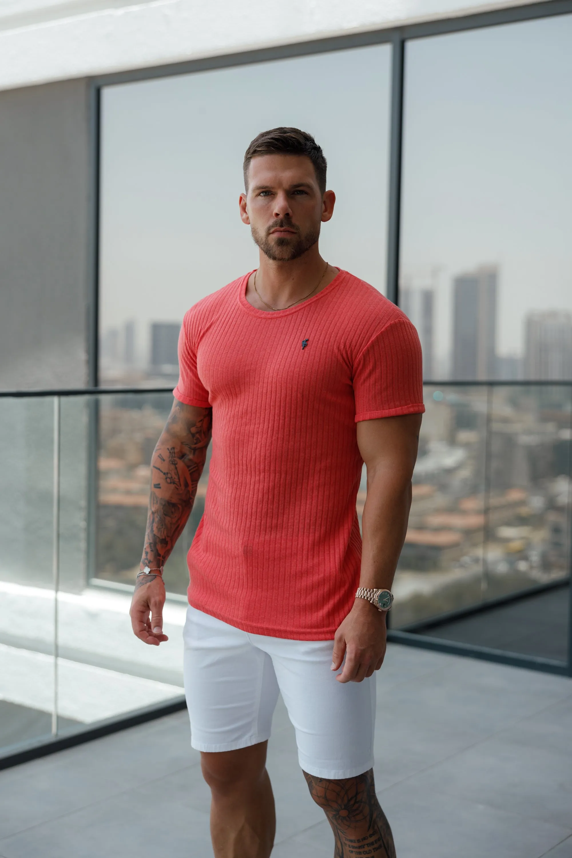 Father Sons Classic Coral / Black Ribbed Knit Super Slim Short Sleeve Crew - FSH1086