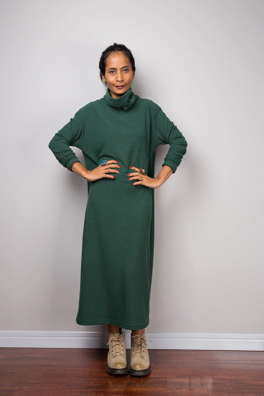 Forrest green dress, Mid length turtleneck dress, Tube dress, Long sleeve dress, knitted green dress