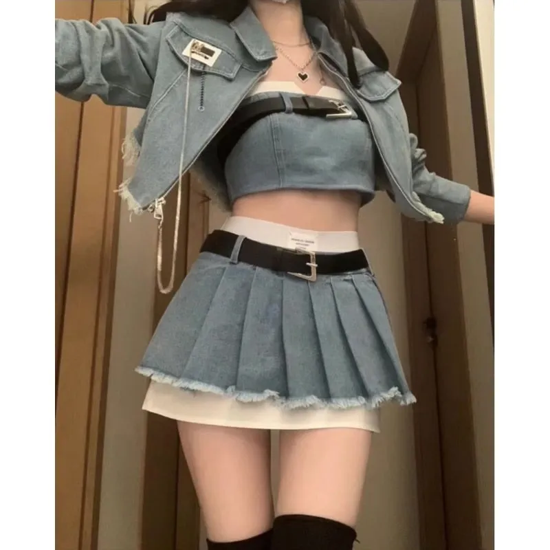 Getadme Hikigawa Chic Fashion Women Streetwear Y2k Denim Jackets Sexy Strapless Tube Tank Top HIgh Waist Pleated Mini Skirts 3 Set Mujer