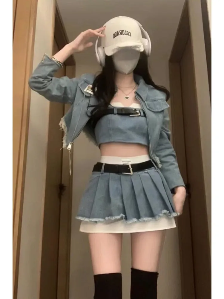 Getadme Hikigawa Chic Fashion Women Streetwear Y2k Denim Jackets Sexy Strapless Tube Tank Top HIgh Waist Pleated Mini Skirts 3 Set Mujer