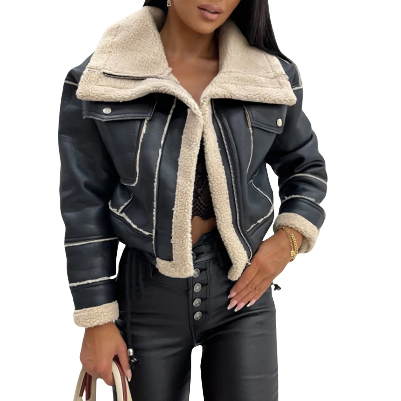 Girlary Women's Winter Jacket Long Sleeve Turn-Down Collar Zipper Closure Patchwork Warm Thick Loose Outwear with Pockets