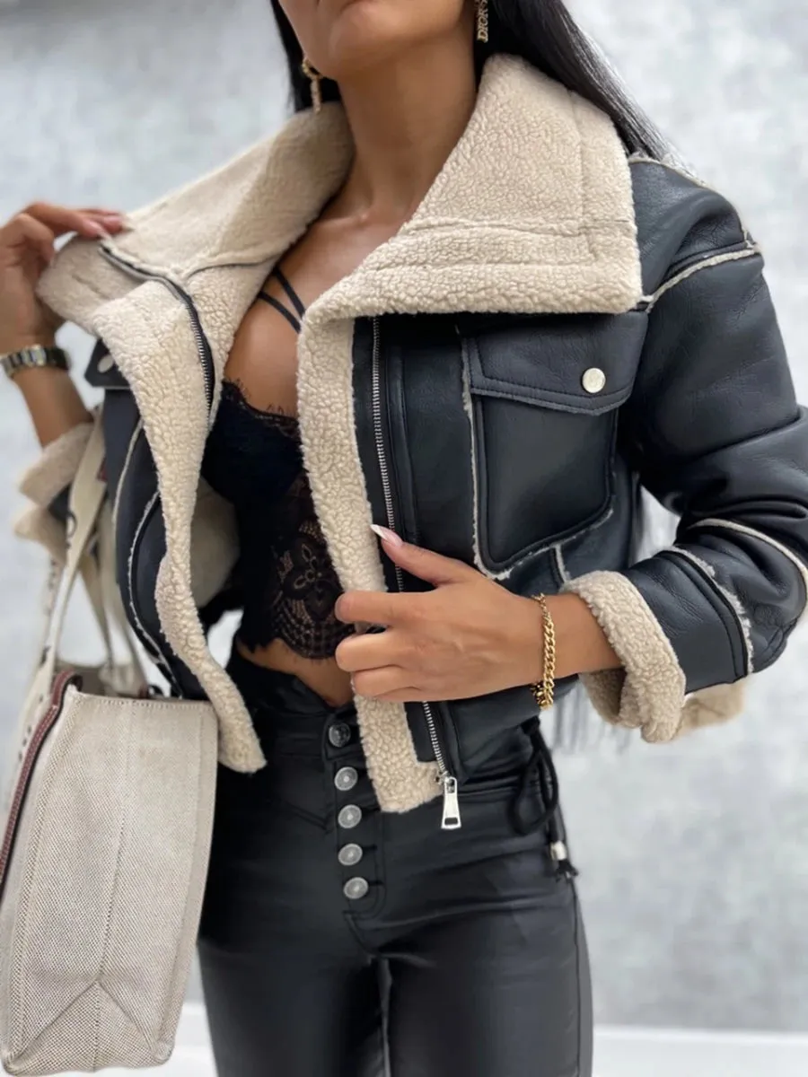 Girlary Women's Winter Jacket Long Sleeve Turn-Down Collar Zipper Closure Patchwork Warm Thick Loose Outwear with Pockets