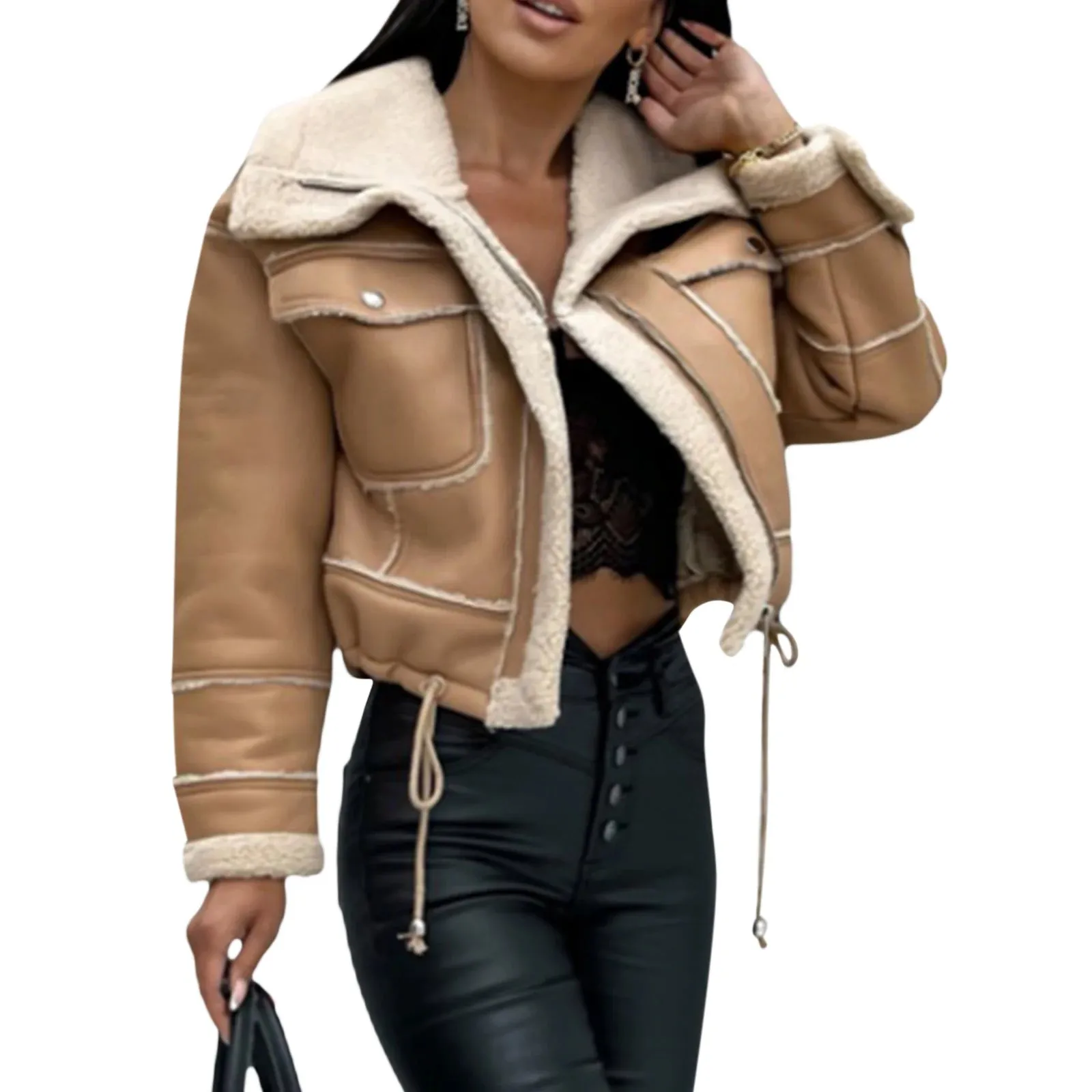 Girlary Women's Winter Jacket Long Sleeve Turn-Down Collar Zipper Closure Patchwork Warm Thick Loose Outwear with Pockets