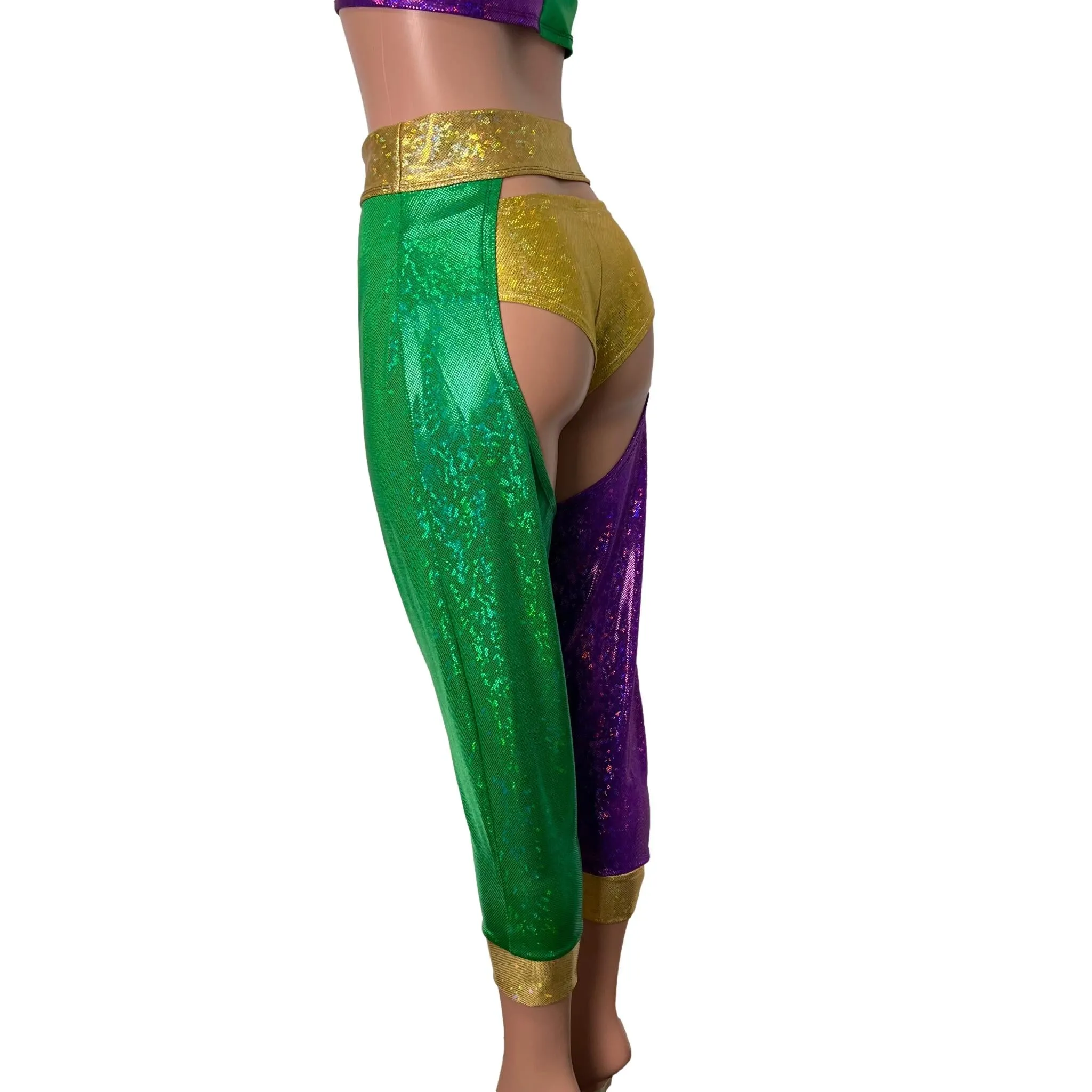 Jogger Chaps in Mardi Gras Colors Holographic Spandex Unisex Women's/Men's