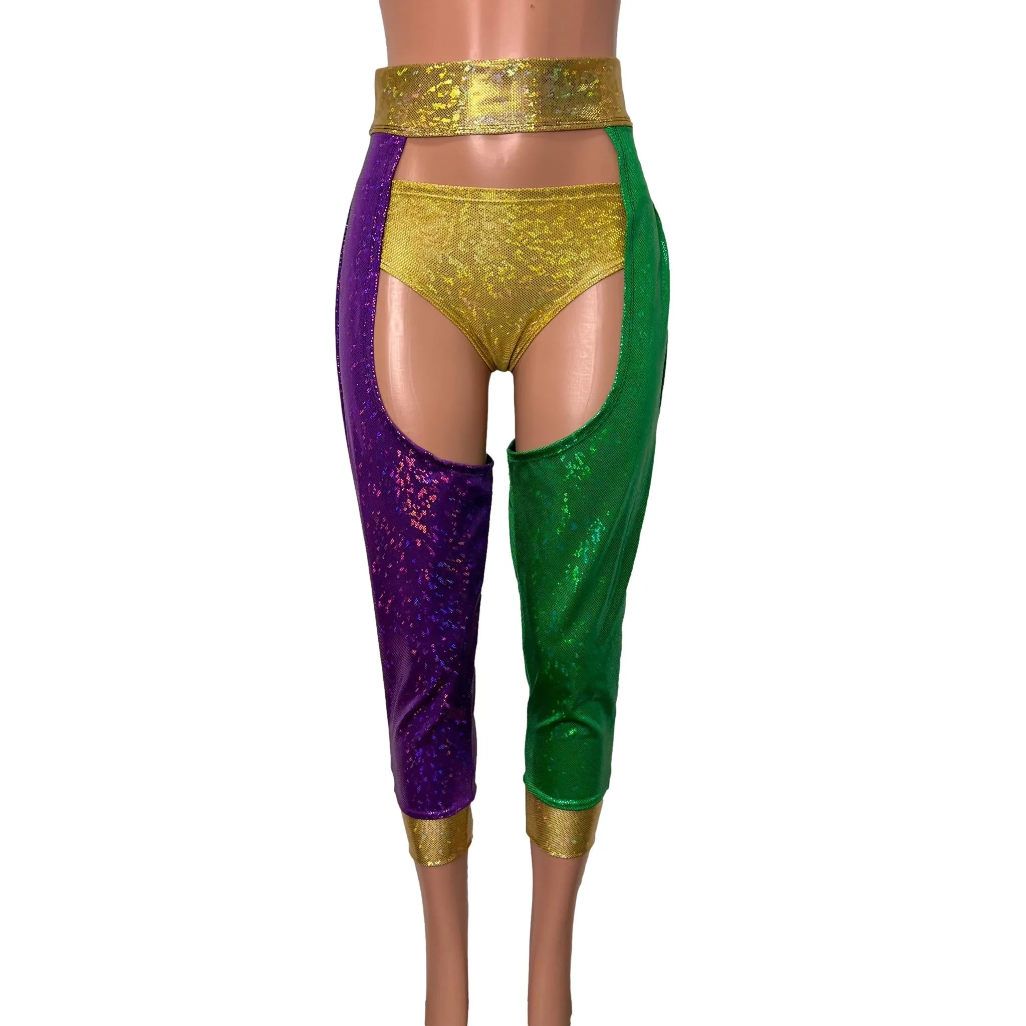 Jogger Chaps in Mardi Gras Colors Holographic Spandex Unisex Women's/Men's