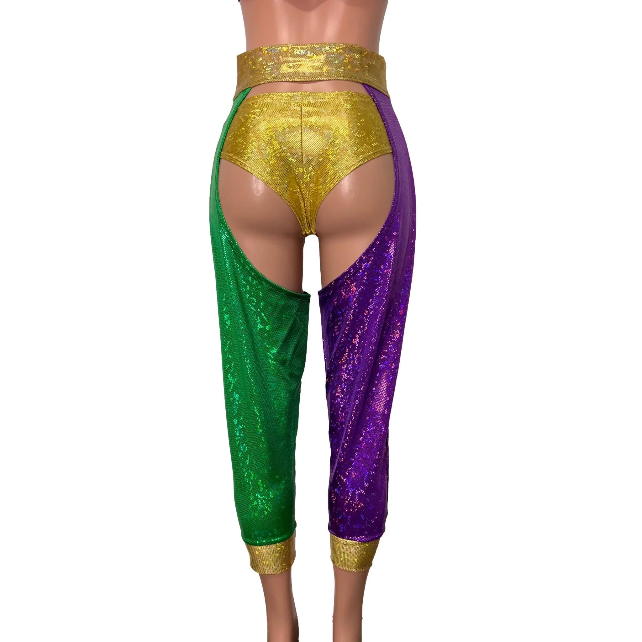 Jogger Chaps in Mardi Gras Colors Holographic Spandex Unisex Women's/Men's