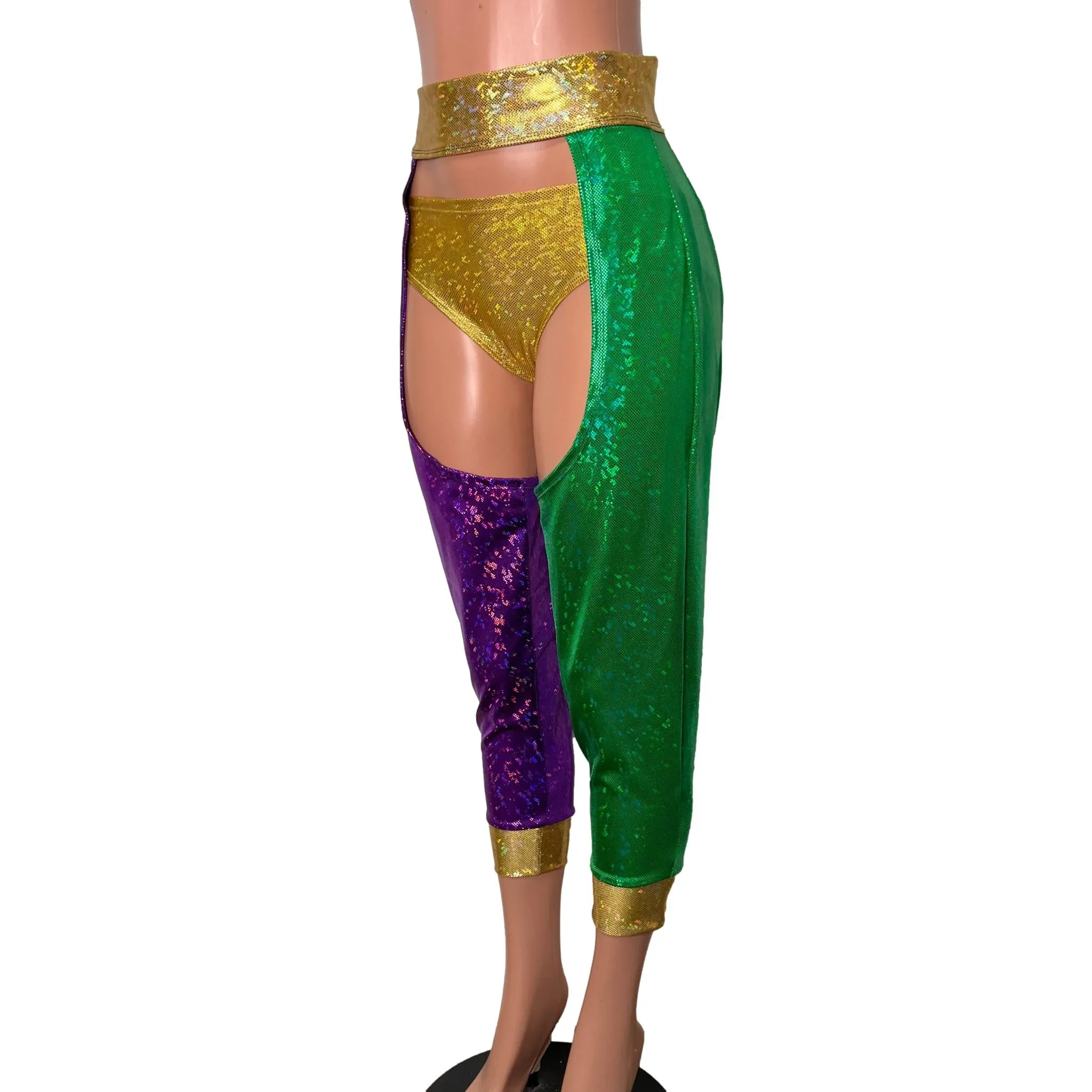 Jogger Chaps in Mardi Gras Colors Holographic Spandex Unisex Women's/Men's