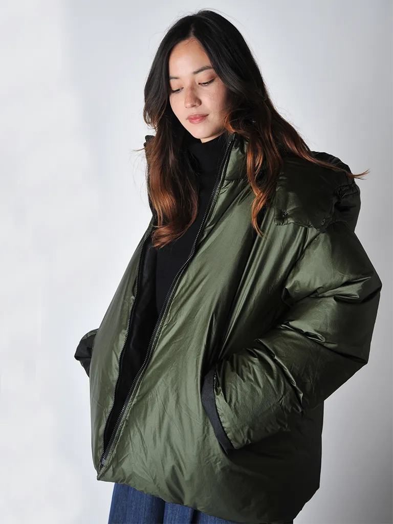 Khaki and Slate Odna Reversible Hooded Puffer Jacket