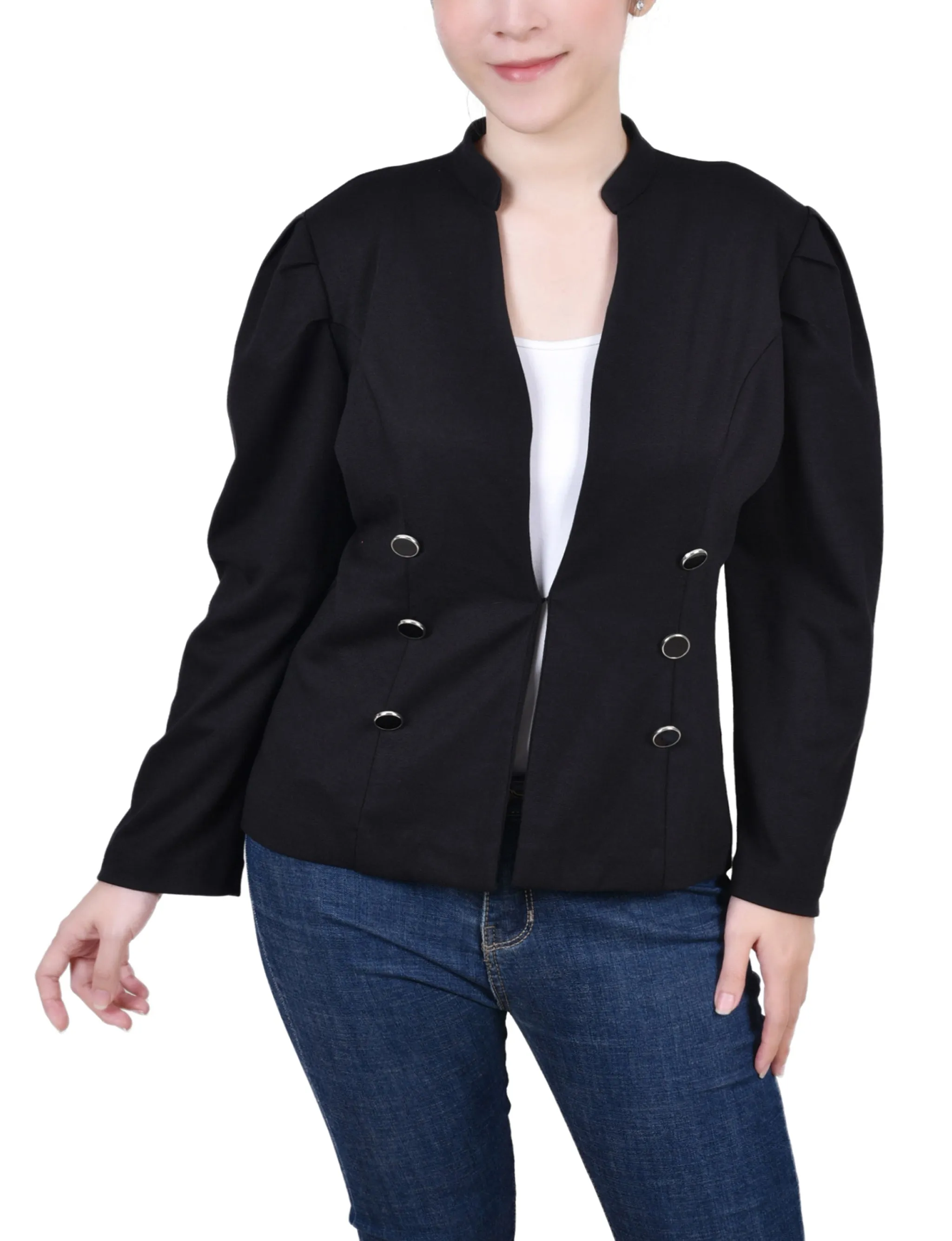 Long Puff-Sleeve Ponte Jacket