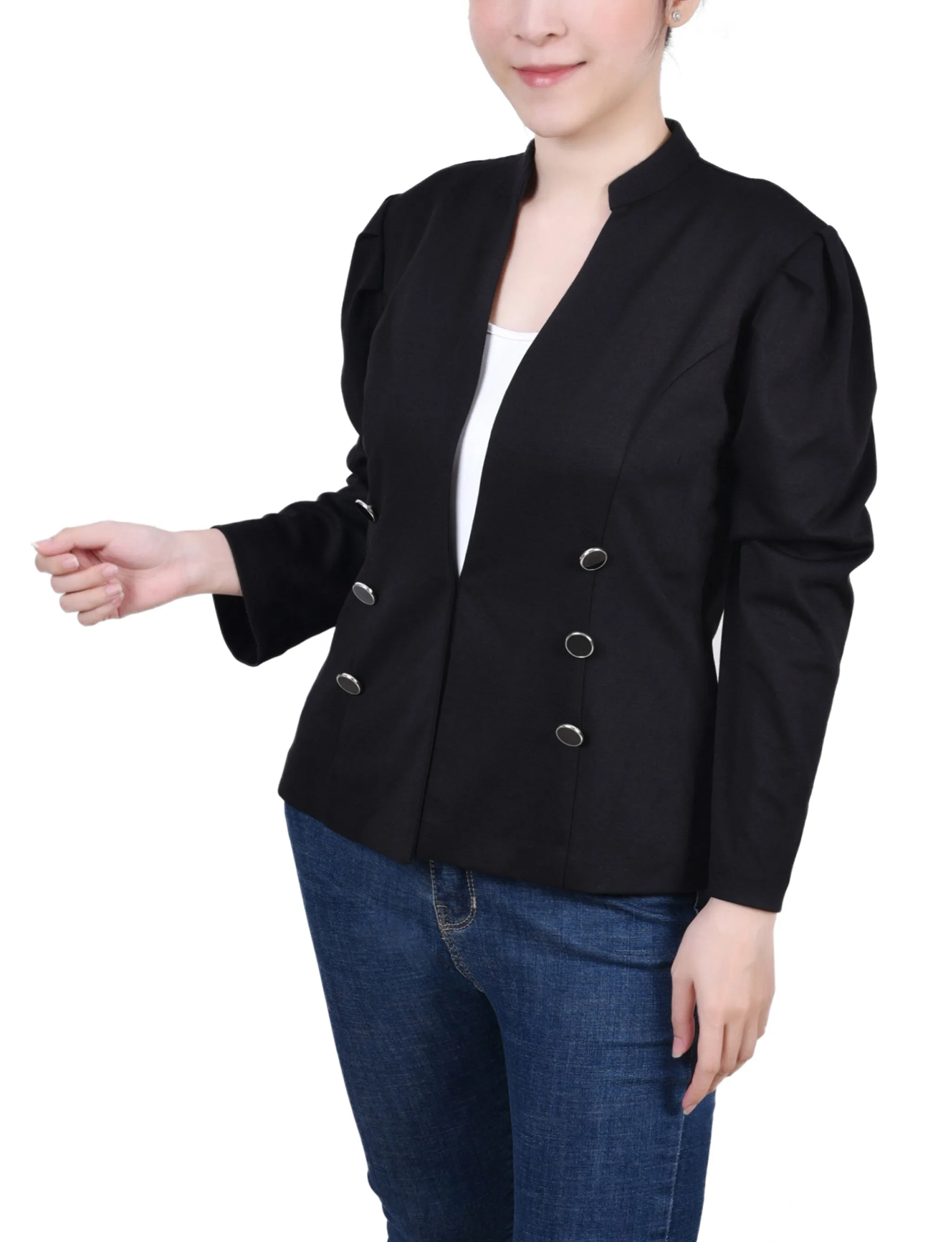 Long Puff-Sleeve Ponte Jacket