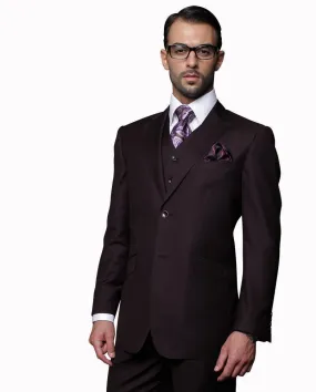 Men's 3 Piece Tailored Fit Wool Suit by Statement-Plum