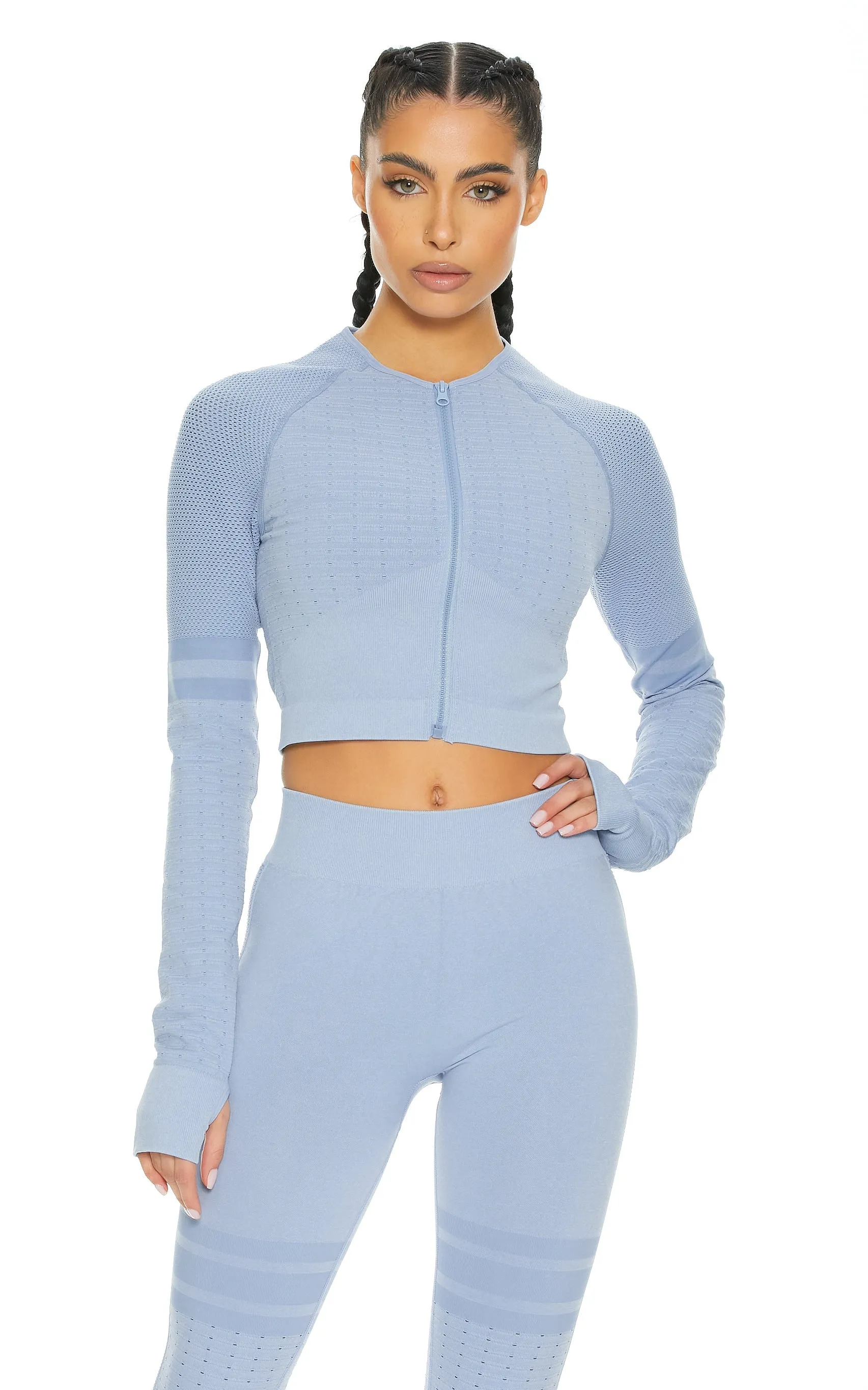 Play to Win Seamless Melange Crop Jacket w/ Thumbholes | Azure Melange