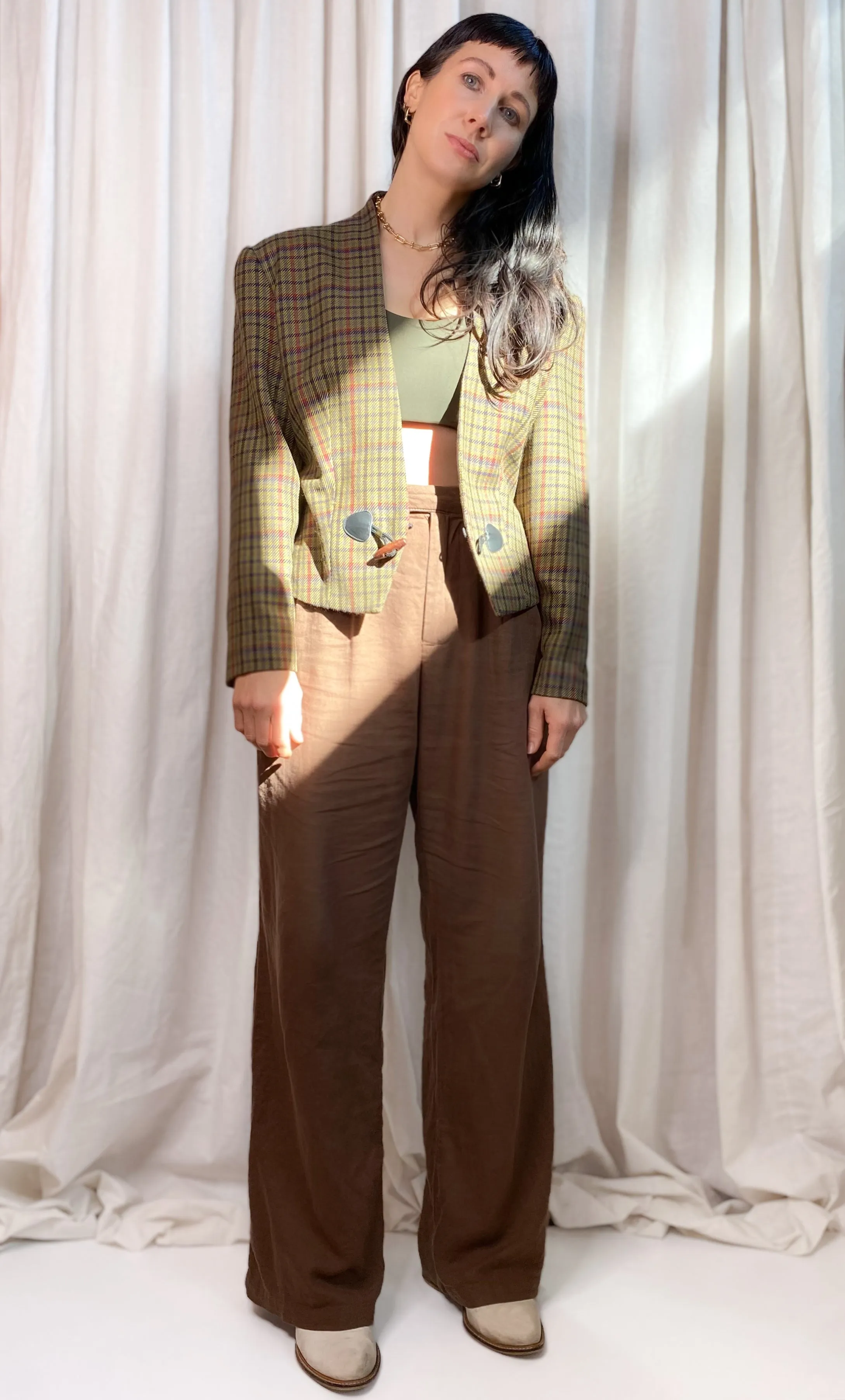 PURE WOOL VINTAGE PLAID CROPPED JACKET [ Olive Green, Size Small ]