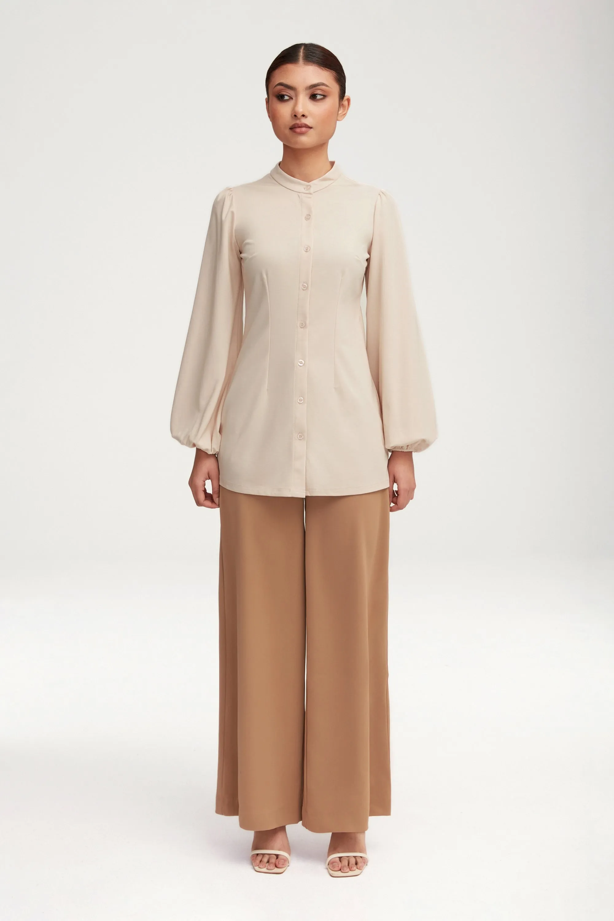 Rayana Jersey Button Down Top - Light Sand