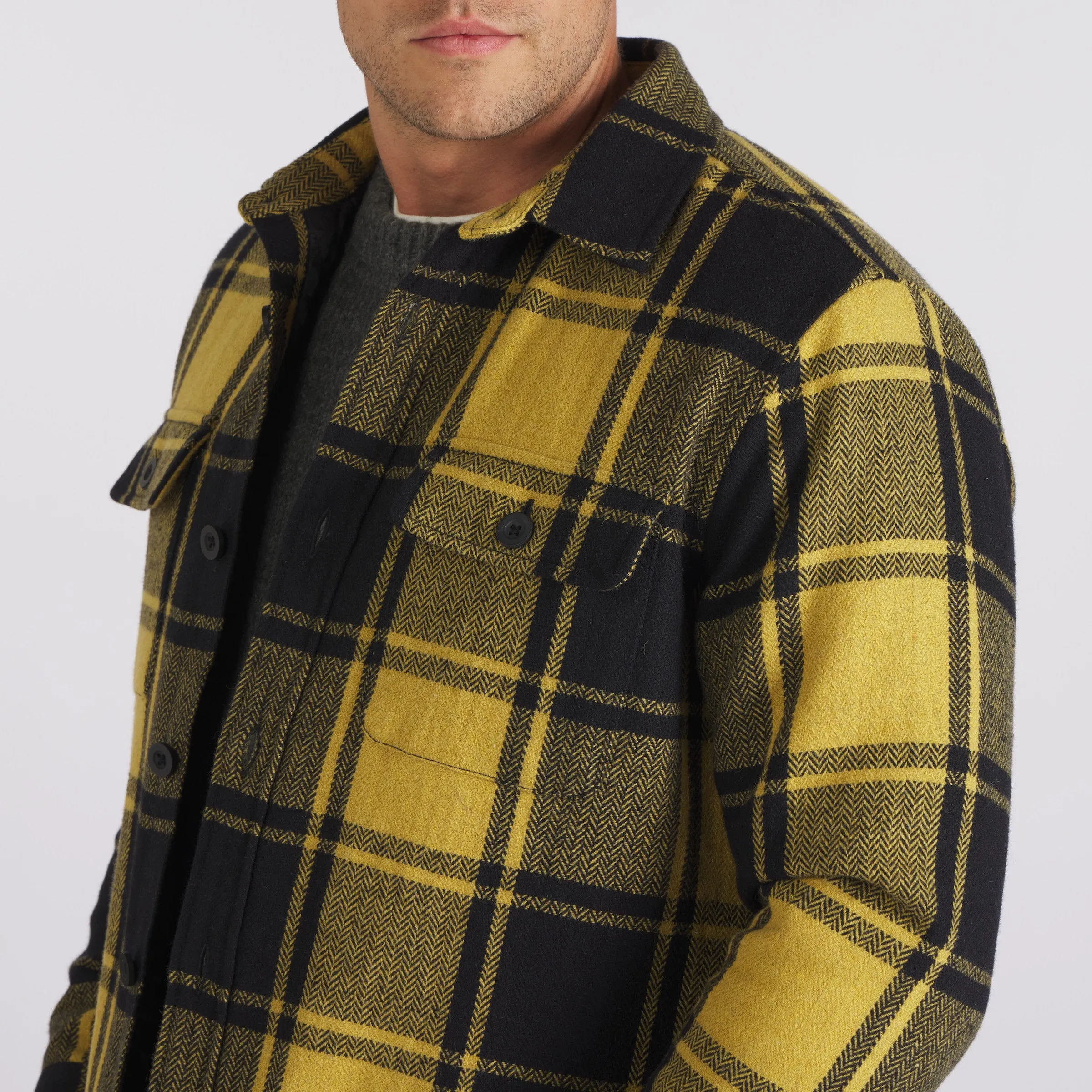 Retro Wool Padded Shirt Jacket - Mustard Black