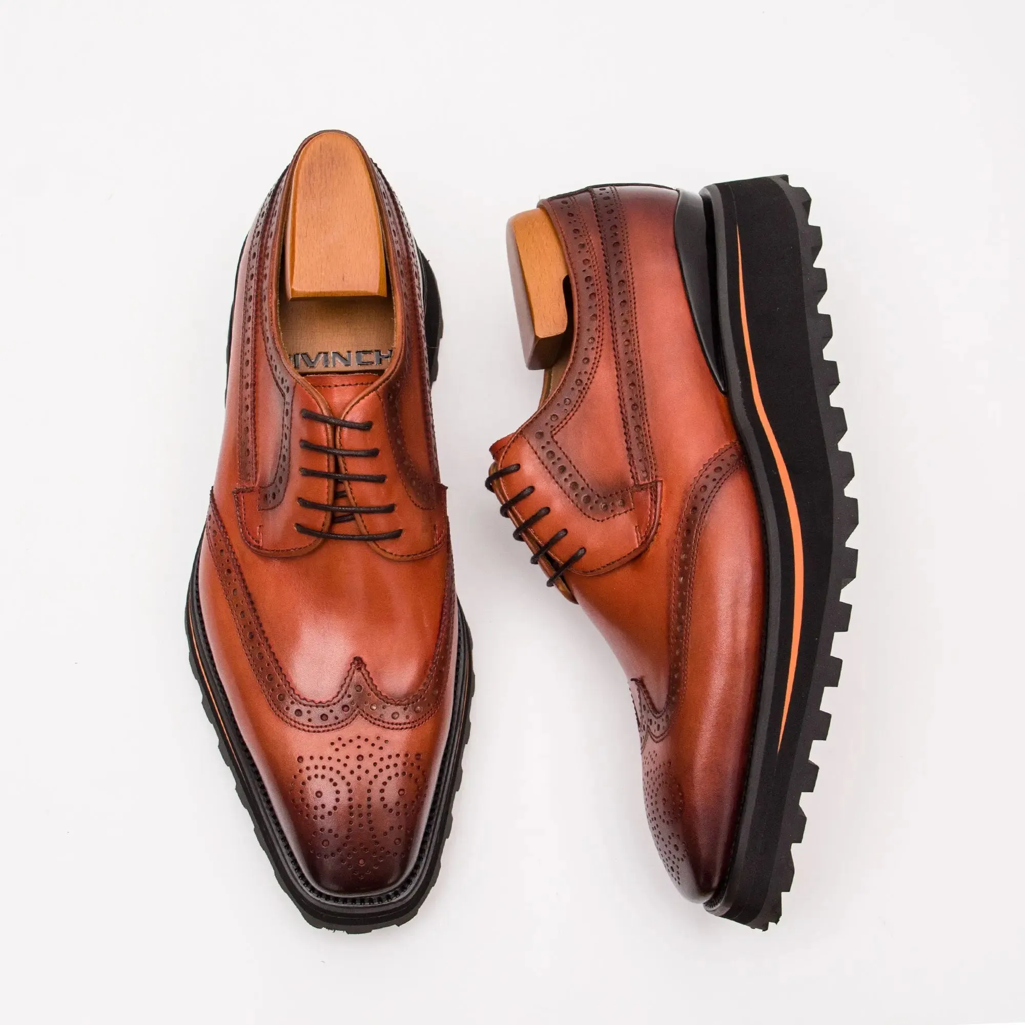 Thick-soled calfskin formal brogue derby shoes