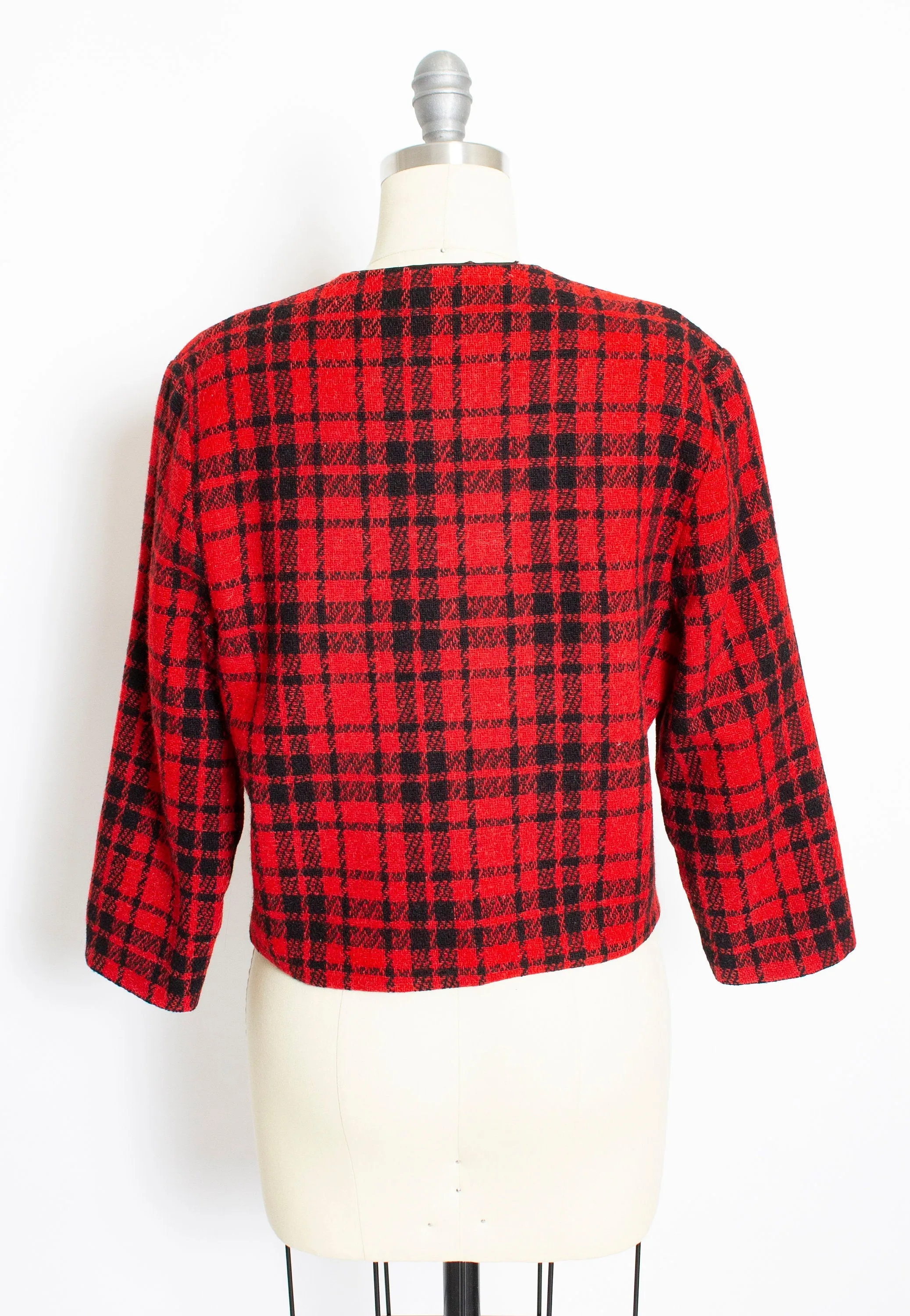 Vintage 1960s Cropped Jacket Red Plaid Wool 60s Medium M