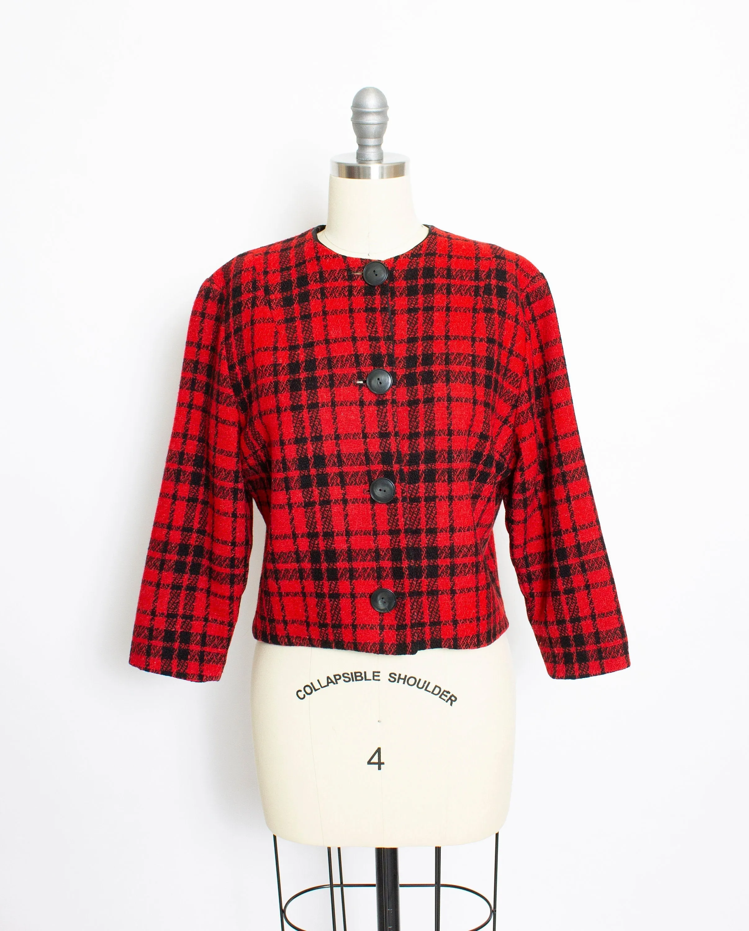 Vintage 1960s Cropped Jacket Red Plaid Wool 60s Medium M