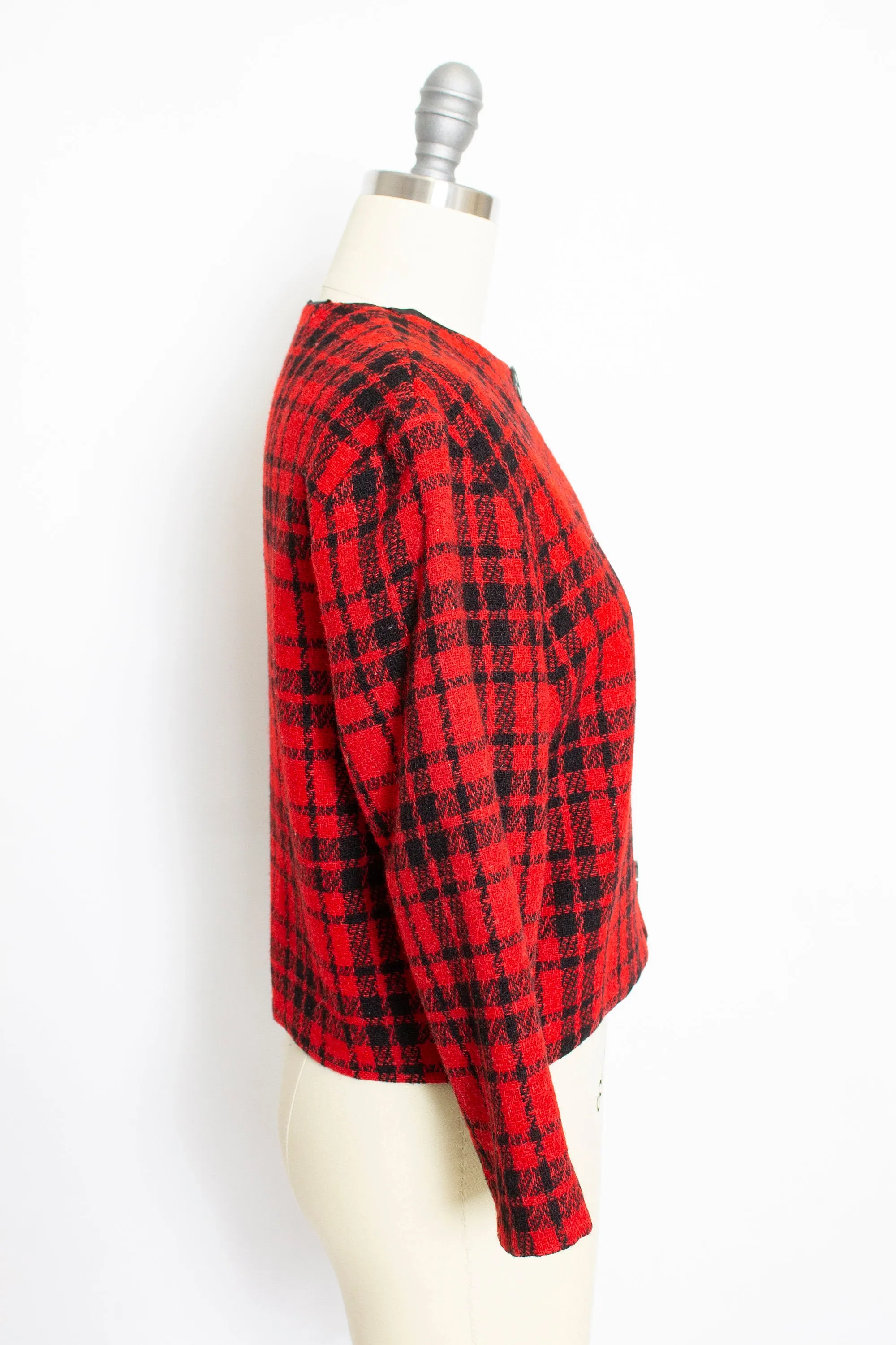 Vintage 1960s Cropped Jacket Red Plaid Wool 60s Medium M