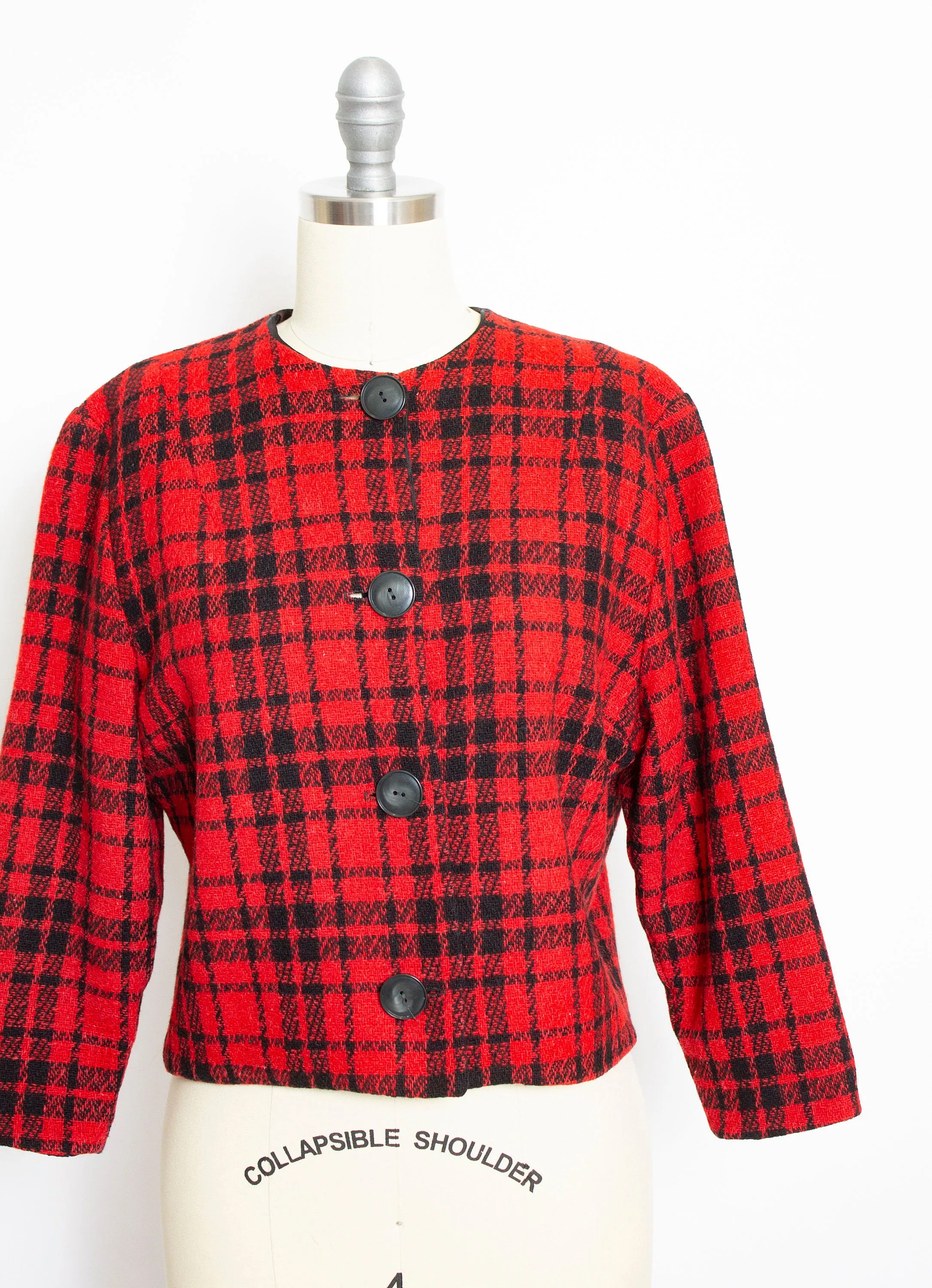 Vintage 1960s Cropped Jacket Red Plaid Wool 60s Medium M