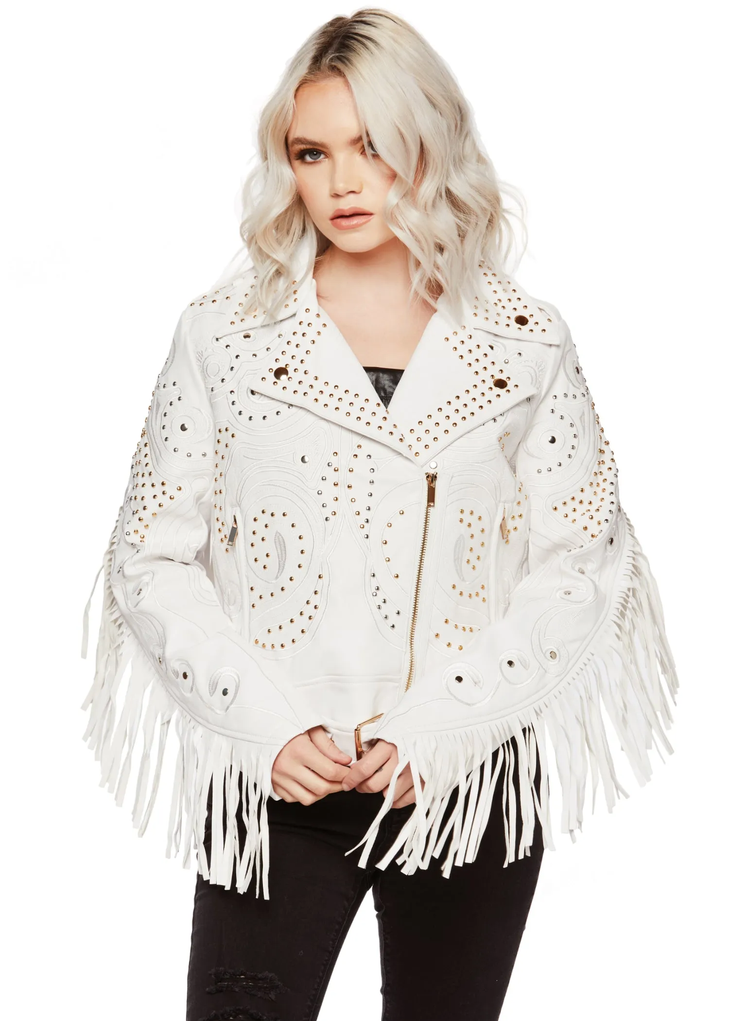 White Faux Leather Studded Fringe Moto Jacket