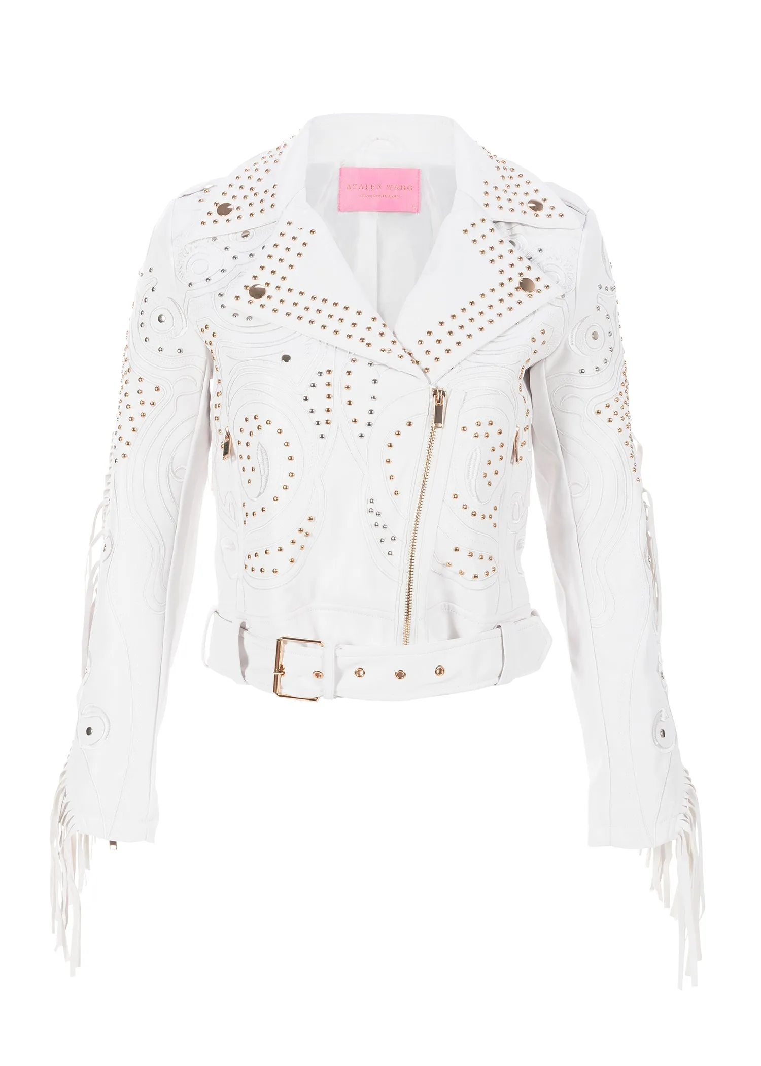 White Faux Leather Studded Fringe Moto Jacket